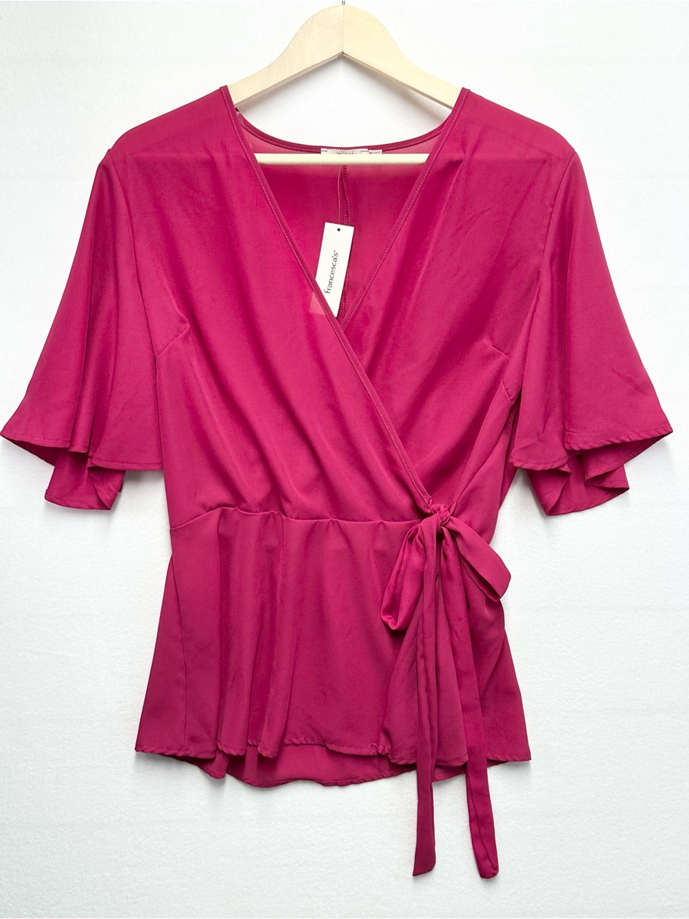 Francesca’s XL Magenta Wrap Blouse • Flutter Sleeve Tie Waist Feminine Chic